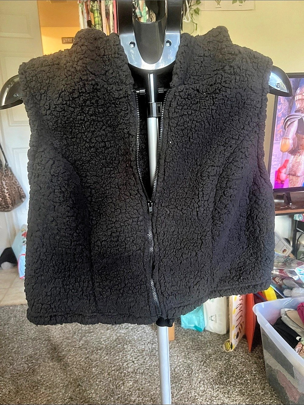 SHEIN Curve Plush Hooded Zipper Sleeveless Vest Black Size 2XL